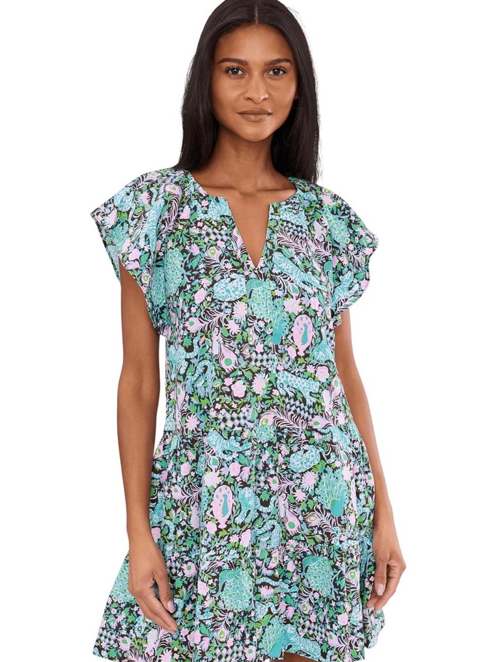 Lilly Pulitzer Multi Royal Zoo Norella Flutter Sleeve Linen Dress Size Large